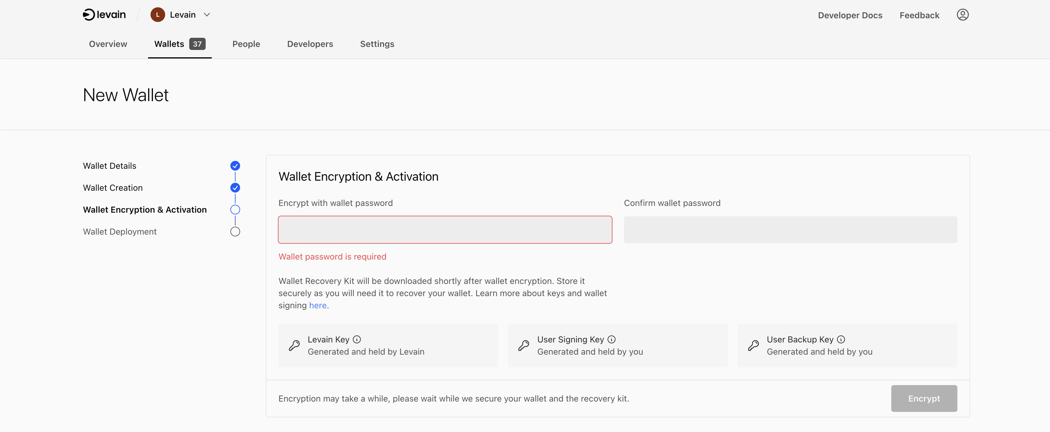 Encrypt wallet password step